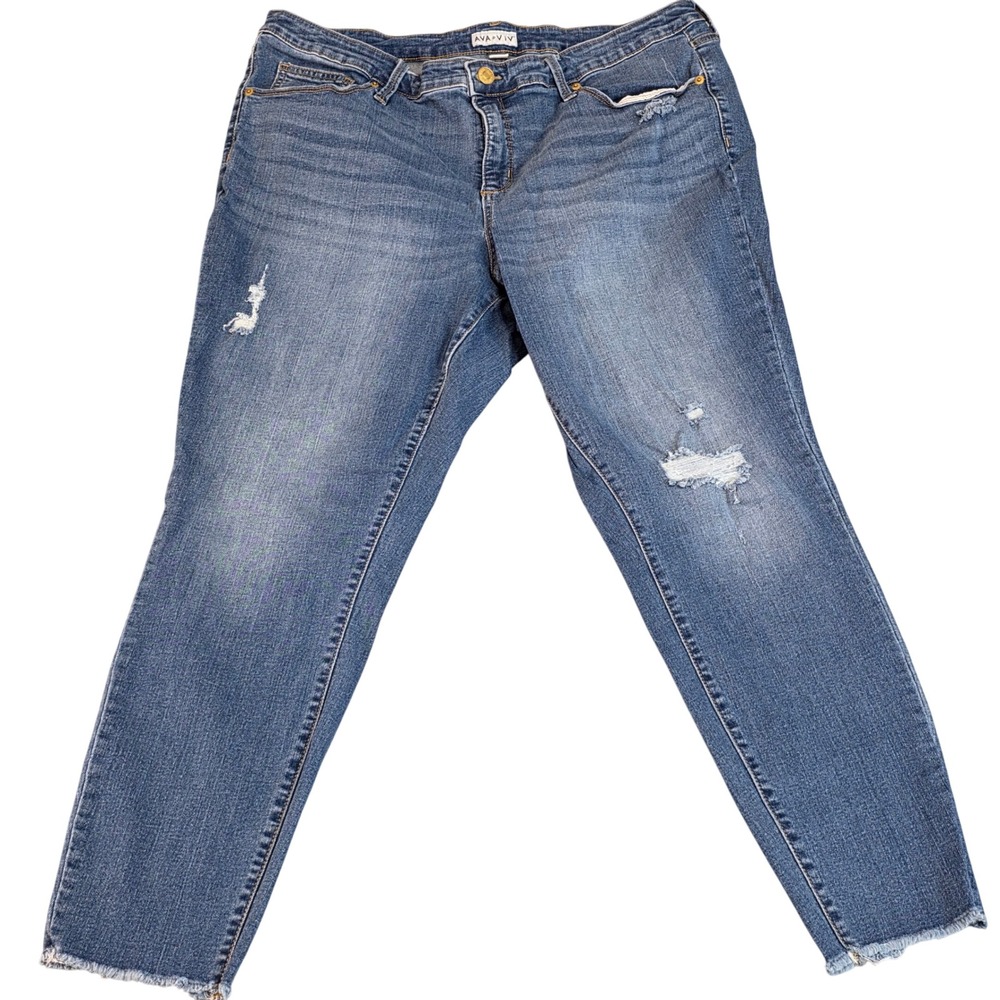 Ava & Viv Skinny Jeans Women 20W Blue Distressed Raw Hem Stretch Denim Edgy Plus